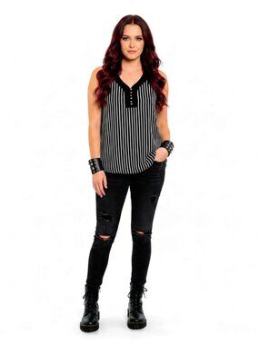 Plus Sleeveless V Neck Black White Striped Blouse NWT